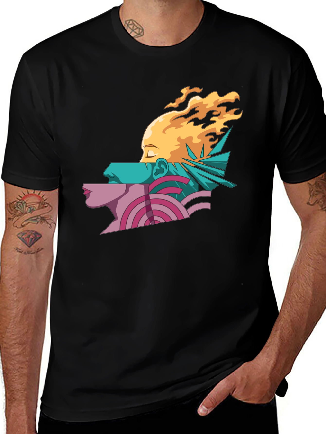 Abstract Face Graphic Print Mens Black T-Shirt