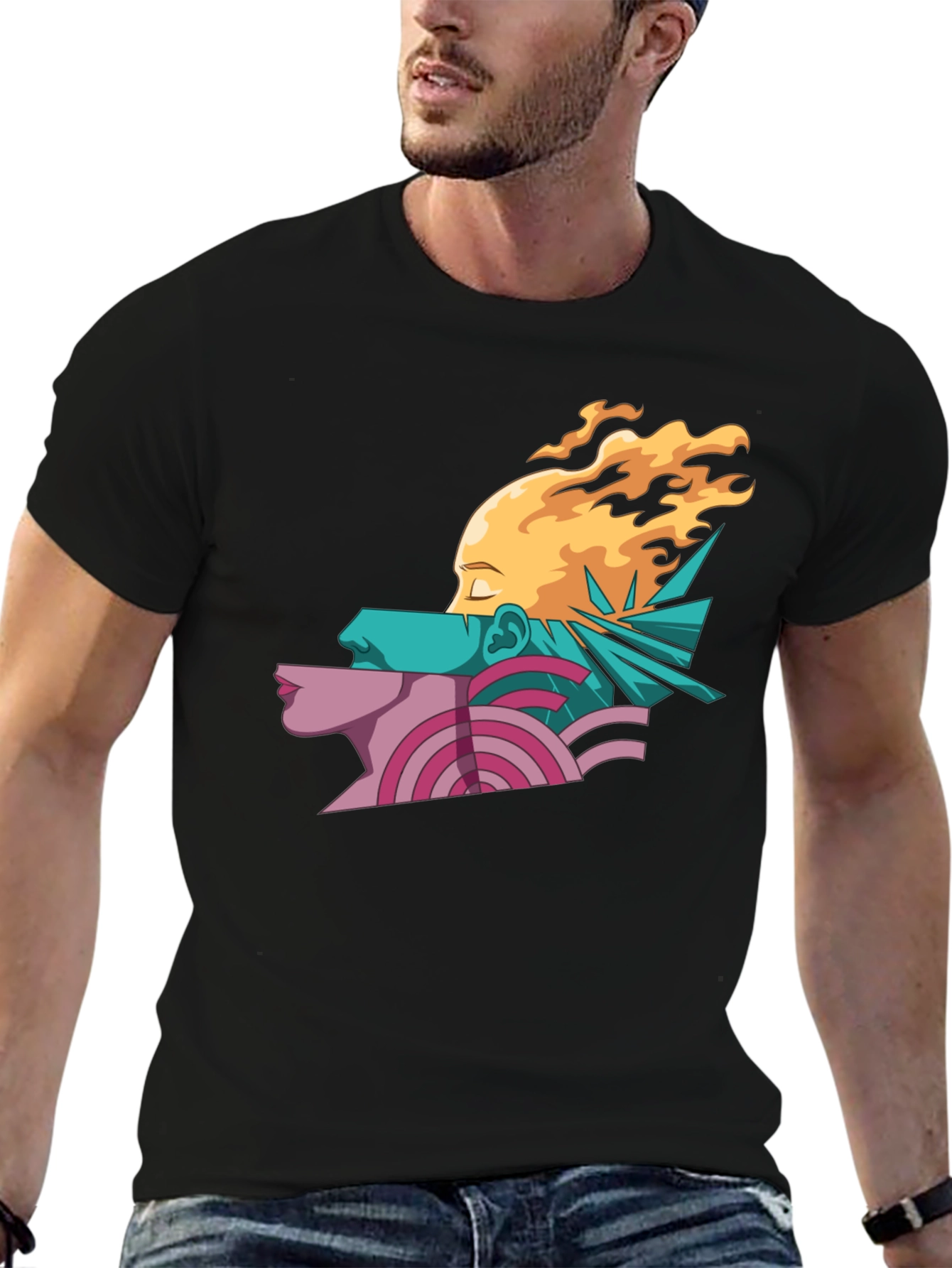 Abstract Face Graphic Print Mens Black T-Shirt
