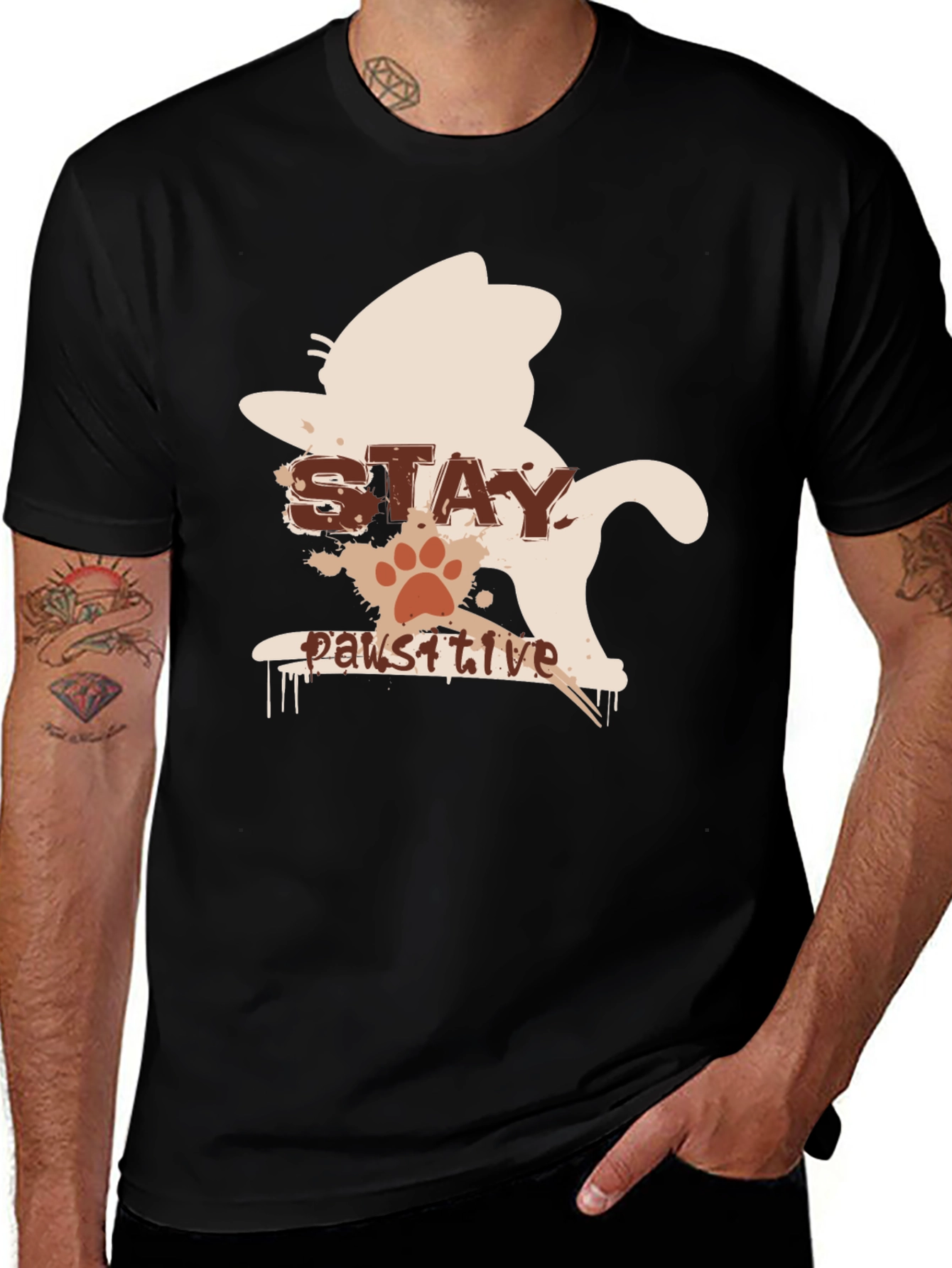 Stay Pawsitive Cat T-Shirt - Black