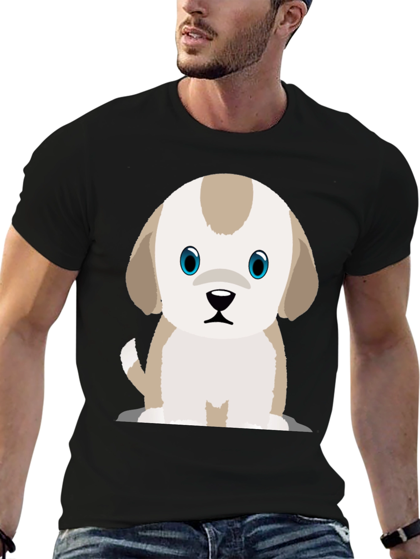 Cute Puppy Graphic Print Black T-Shirt