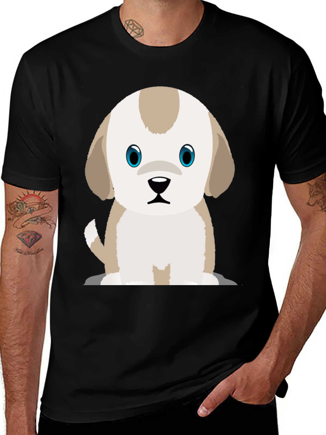 Cute Puppy Graphic Print Black T-Shirt