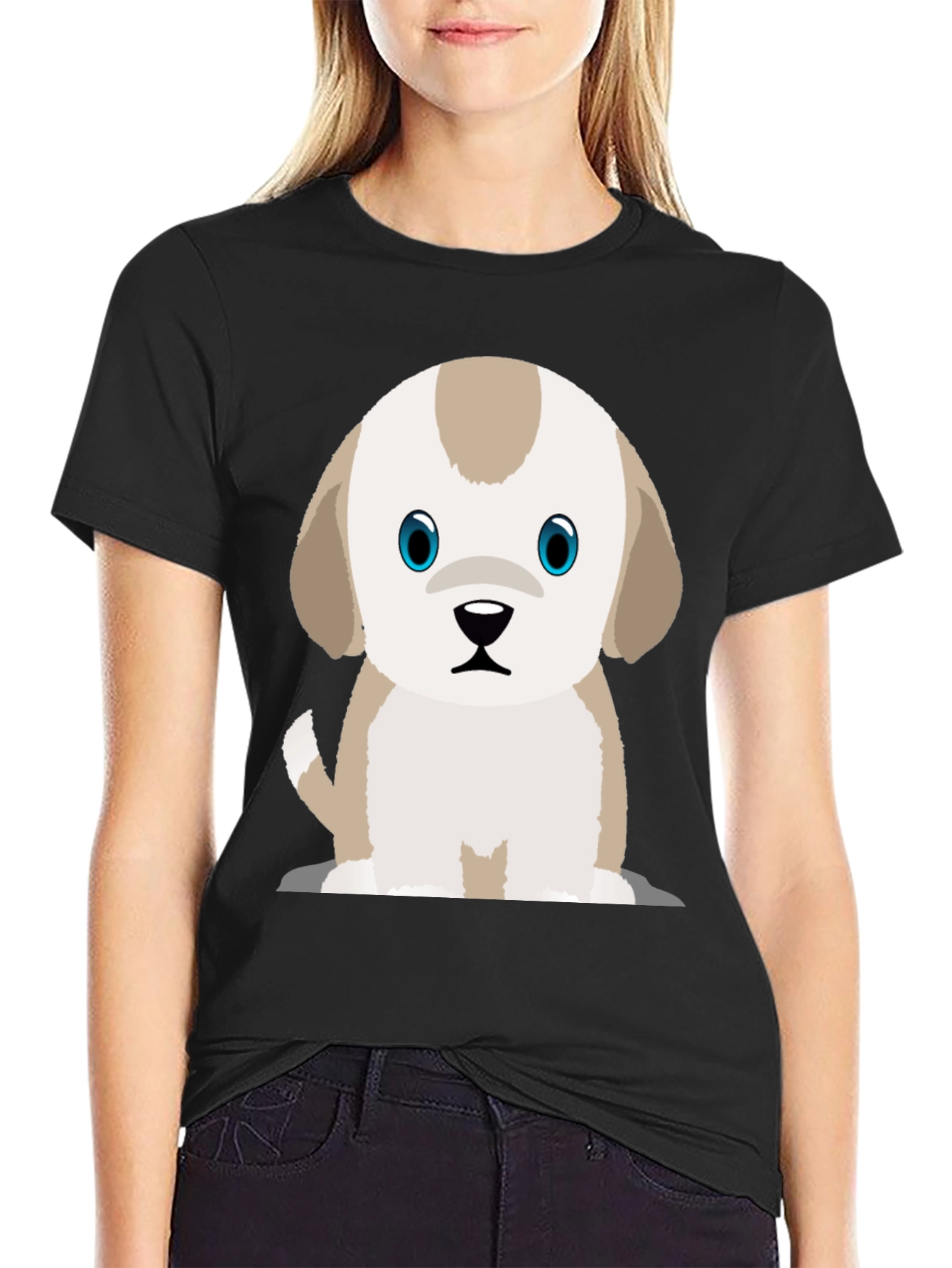 Cute Puppy Graphic Print Black T-Shirt