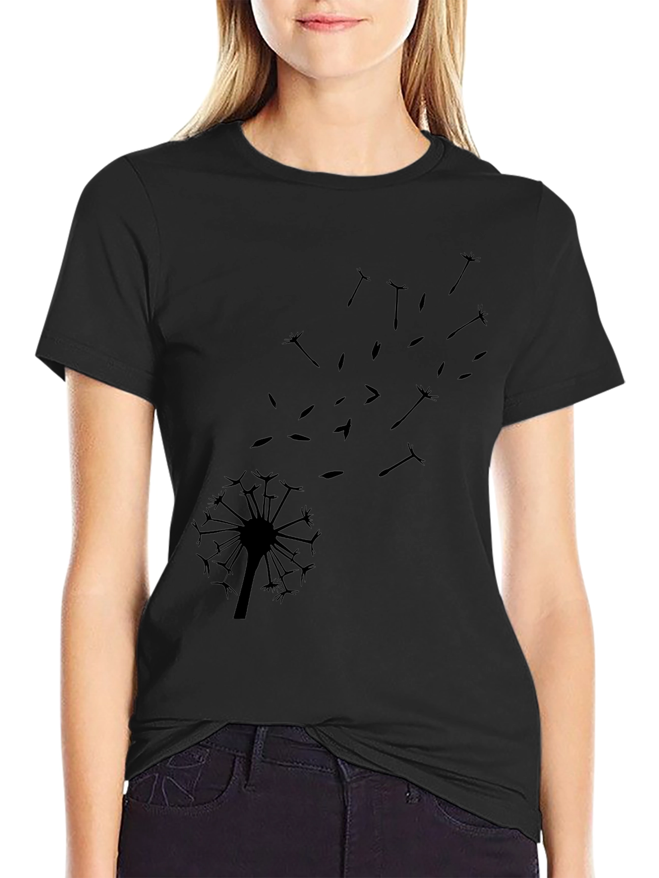 Dandelion Graphic Tee - Black Cotton Blend Casual T-Shirt