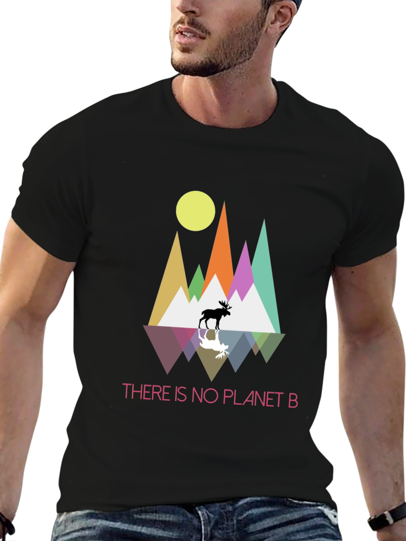Planet B T-Shirt - Geometric Mountain Scene with Moose