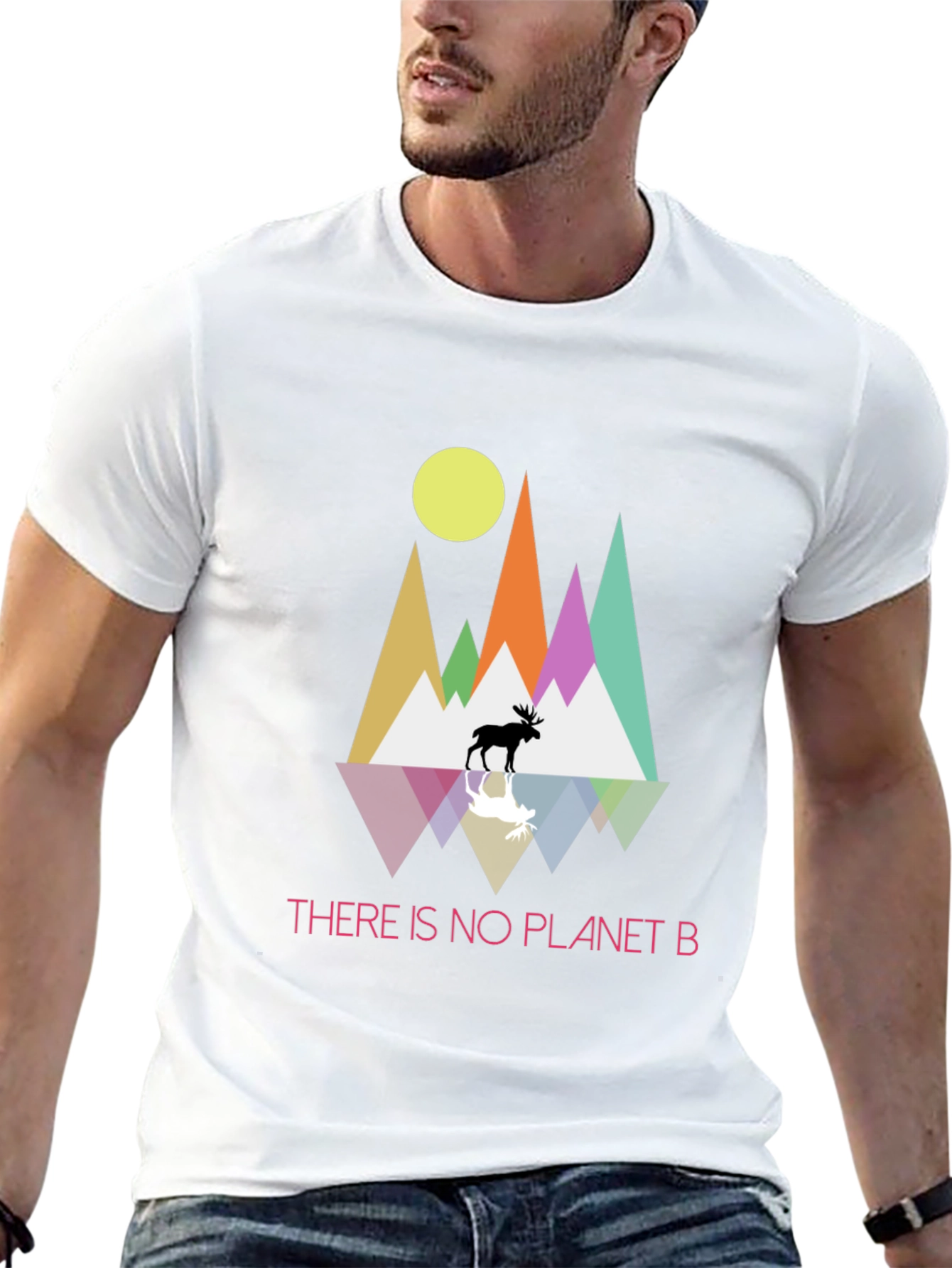 Planet B T-Shirt - Geometric Mountain Scene with Moose