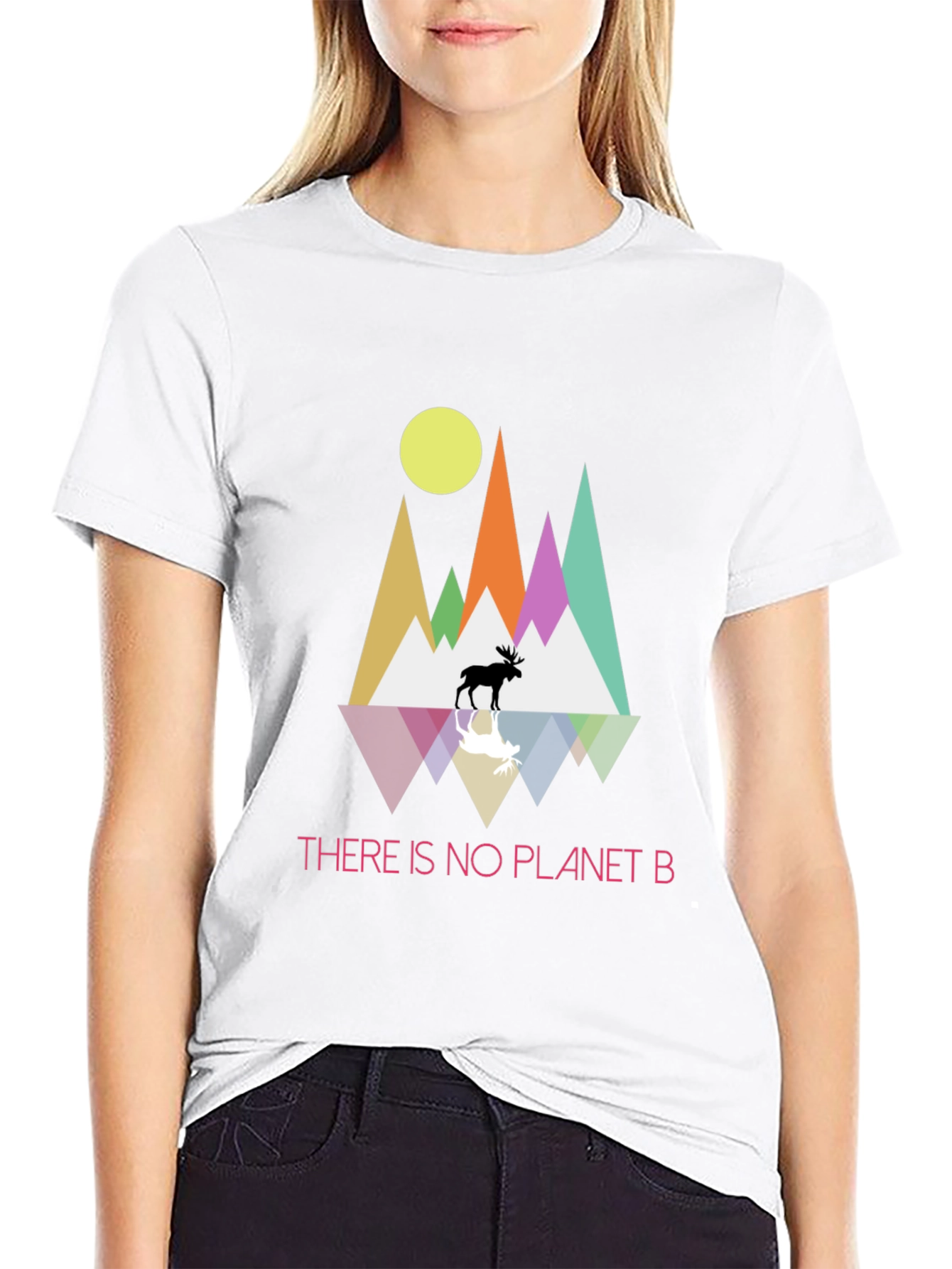 Planet B T-Shirt - Geometric Mountain Scene with Moose